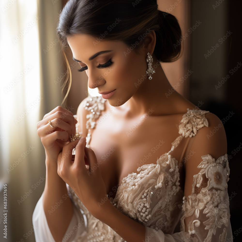 bride is getting ready for the wedding alone posing young female model