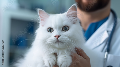 A veterinarian holds a white fluffy cat in his arms at a veterinary clinic. Animal inspection and vaccination. The concept of treatment and care of pets