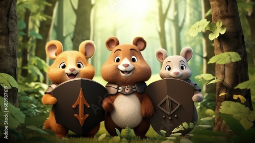 Forest animals in warrior costumes protect the forest, cartoon cute 3d style illustration. Creative concept of nature protection, ban deforestation, animal sanctuaries.