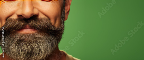 Close-up of male face with groomed stylish beard and mustache isolated on a colored background with copy space, barbershop banner template. photo