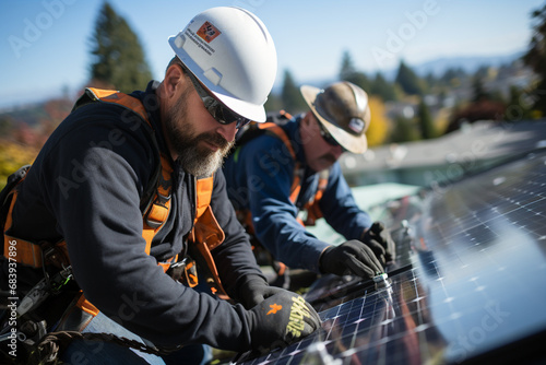 Engineers installs solar panels on the roof, green energy concept.
