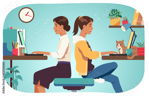 Remote working woman at hybrid office and home workplace. Employee person work on laptop computer at desk at online job. Flexible work location, business efficiency concept flat vector illustration