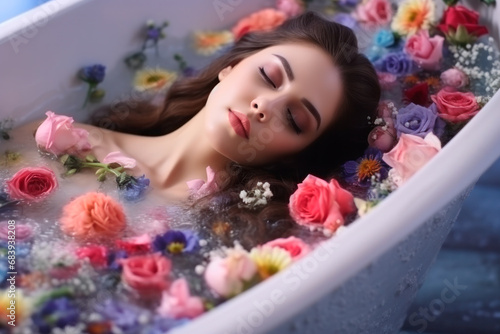 Young woman relaxing in a spa bath with flowers around her