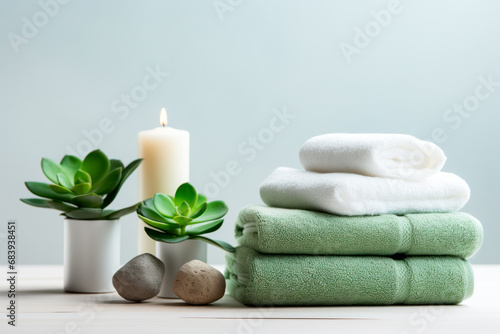 A fresh spa setting with mint green towels rolled up on a white countertop