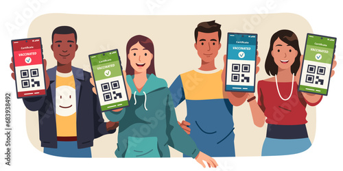 People showing vaccination certificate QR code on mobile phone screen. Men and women persons with coronavirus vaccine status passport on smartphone. Identification pass app flat vector illustration