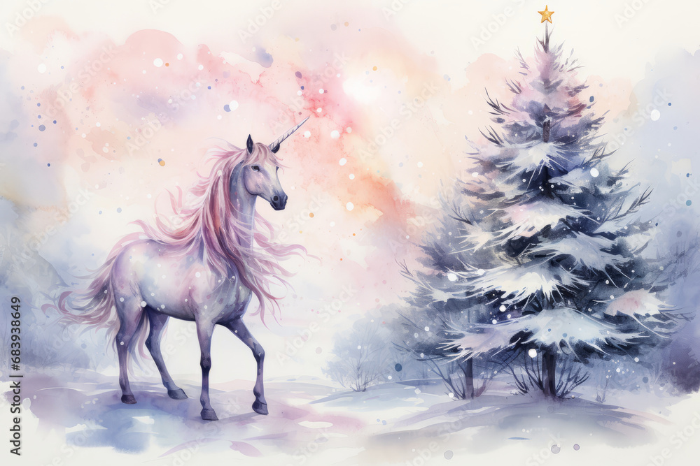 Obraz premium Magical winter forest with Unicorn, snow covered trees, watercolor illustration