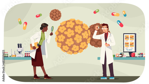 Doctors studying HPV cell. Scientist man and woman persons doing papillomavirus research. Virus disease treatment, HPV caused cancer prevention, virology, health care concept flat vector illustration