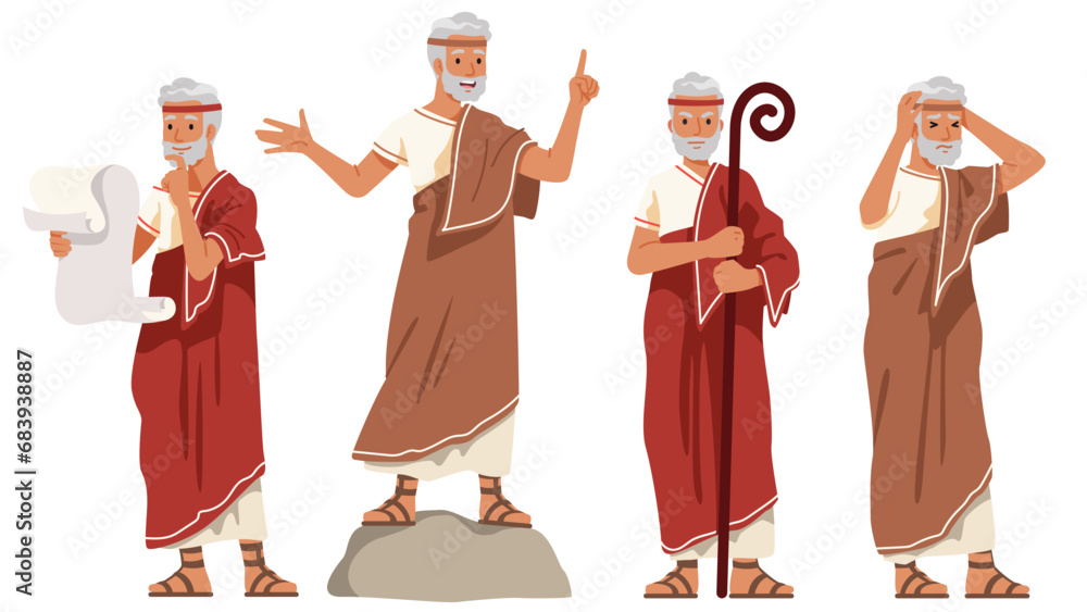 Ancient Greek philosopher person character set. Wise senior cartoon man thinking hard, reading scroll, teaching in different poses. Philosophy, history, wisdom flat vector illustration - obrazy, fototapety, plakaty 