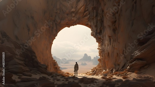 A Journey Through the Majestic Desert Archway, A Lone Explorer in a Mystical Desert Landscape. Generative AI
