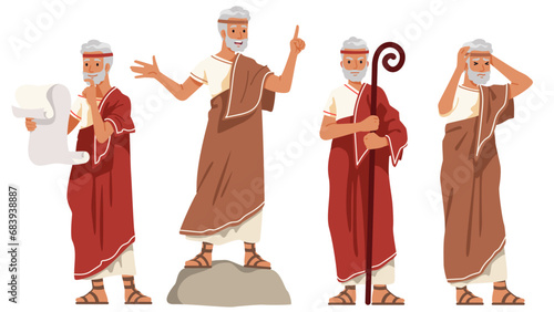 Ancient Greek philosopher person character set. Wise senior cartoon man thinking hard, reading scroll, teaching in different poses. Philosophy, history, wisdom flat vector illustration photo