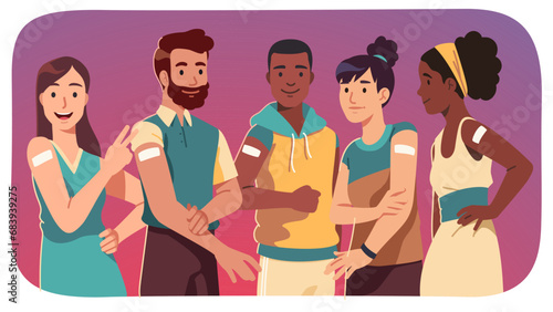 Happy people after vaccination. Vaccinated multiethnic immune men, women group showing arm shoulders after vaccine injection. Health care safety in pandemic flat vector illustration