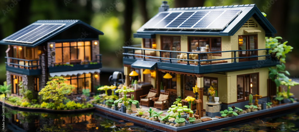 Modern Family House with solar panels on the roof from a children's construction set