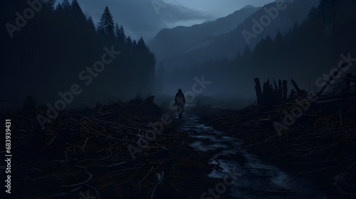 A Solitary Trek through the Mist-Enshrouded Wilderness, A Journey Through the Mist-Enshrouded Forest. Generative AI © A.M