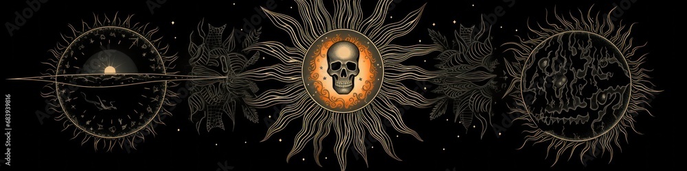 A black and gold illustration of a sun and moon A black and gold illustration of a sun and moon