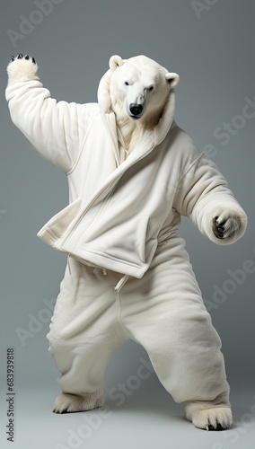 niedzwiedz polarny przebrany w szlafrok i bluze z kapturem tańczący na biało