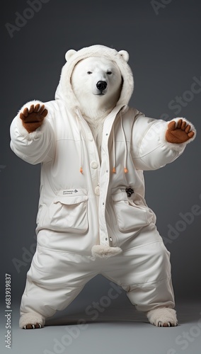 niedzwiedz polarny przebrany w szlafrok i bluze z kapturem tańczący na biało