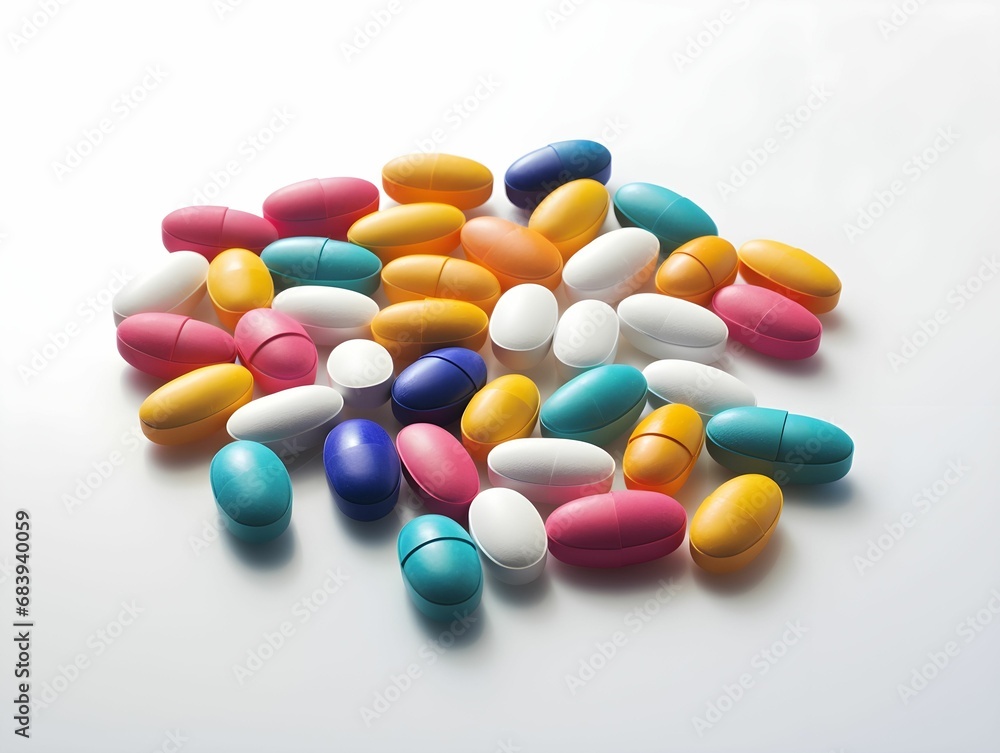Multicolor pills on a white background, medecine, colorful, healthcare, science and medecine to heal people, pharmacy, drugs