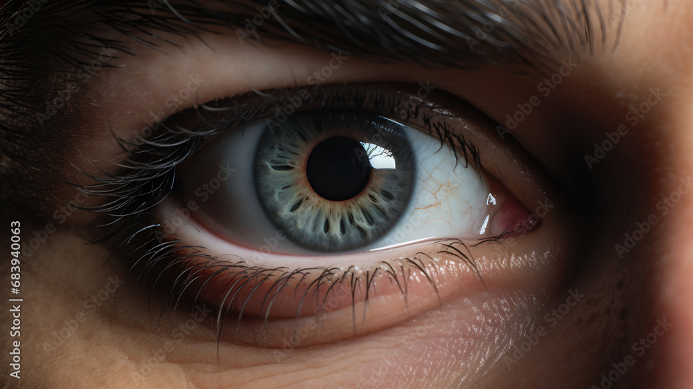 Fototapeta premium Close-up picture of a blue eye, focus on the iris, ophthalmologist, eyesight, macro shot, science of the human body, beautiful eye color