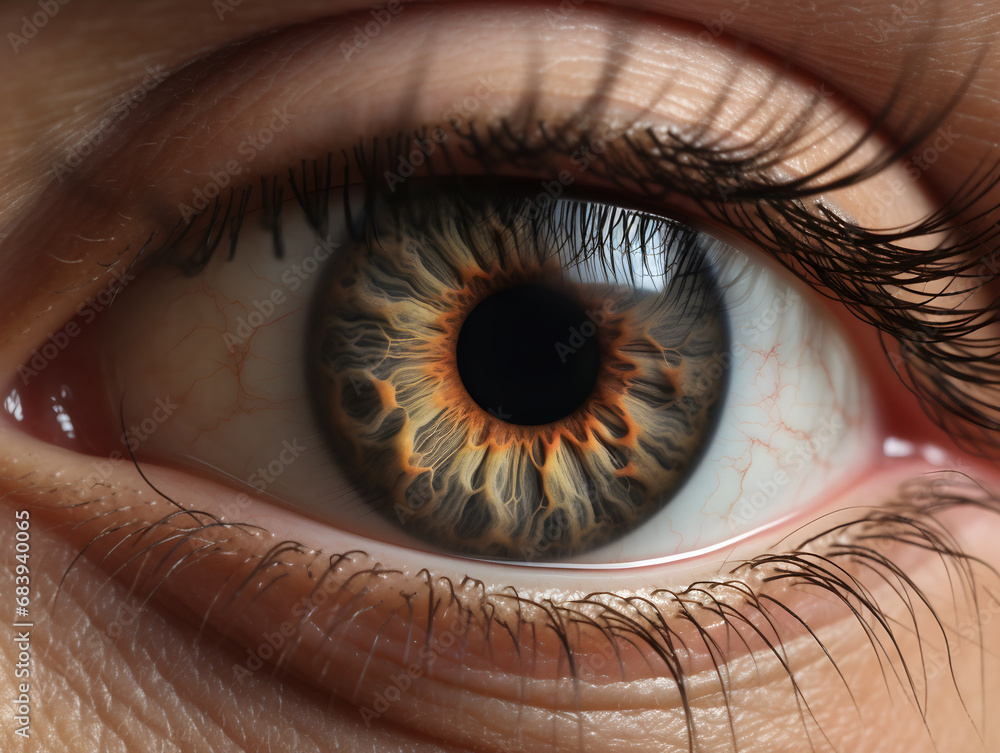 Fototapeta premium Close-up picture of a brown eye, focus on the iris, ophthalmologist, eyesight, macro shot, science of the human body, beautiful eye color