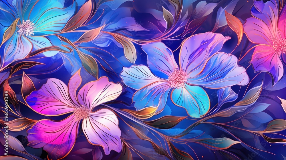 A painting of a bunch of flowers on a blue background A painting of a bunch of flowers on a blue background