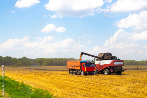 A combine harvester in a wheat field loads grain into a grain truck. Grain harvest
