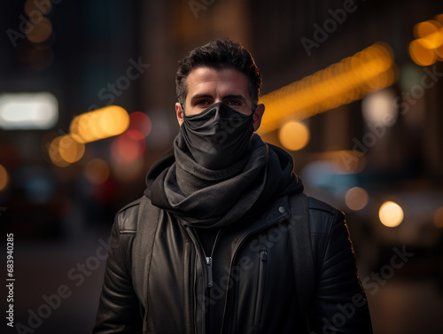 man in the street wearing a black surgical mask, fabric mask, homemade mask, protection from virus during flu season, winter, coat and scarf, cold weather, people wearing mask,