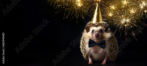 Fototapeta Naklejka Na Ścianę i Meble -  Happy new Year, Sylvester New Year's eve party, funny animals banner greeting card - Cute hedgehog with party hat outfit, bow tie and fireworks in the background at night