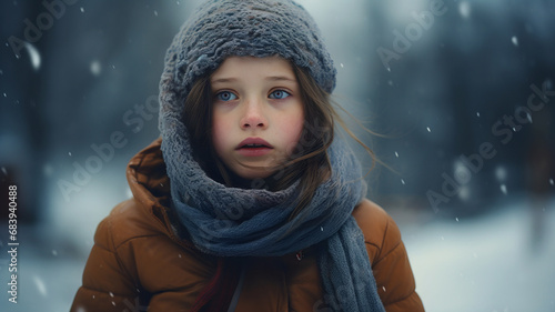 young girl cold in winter, scarf and hat, sick chid during winter, winter virus and flu, red nose, snow outside, healthcare, health, medecine photo
