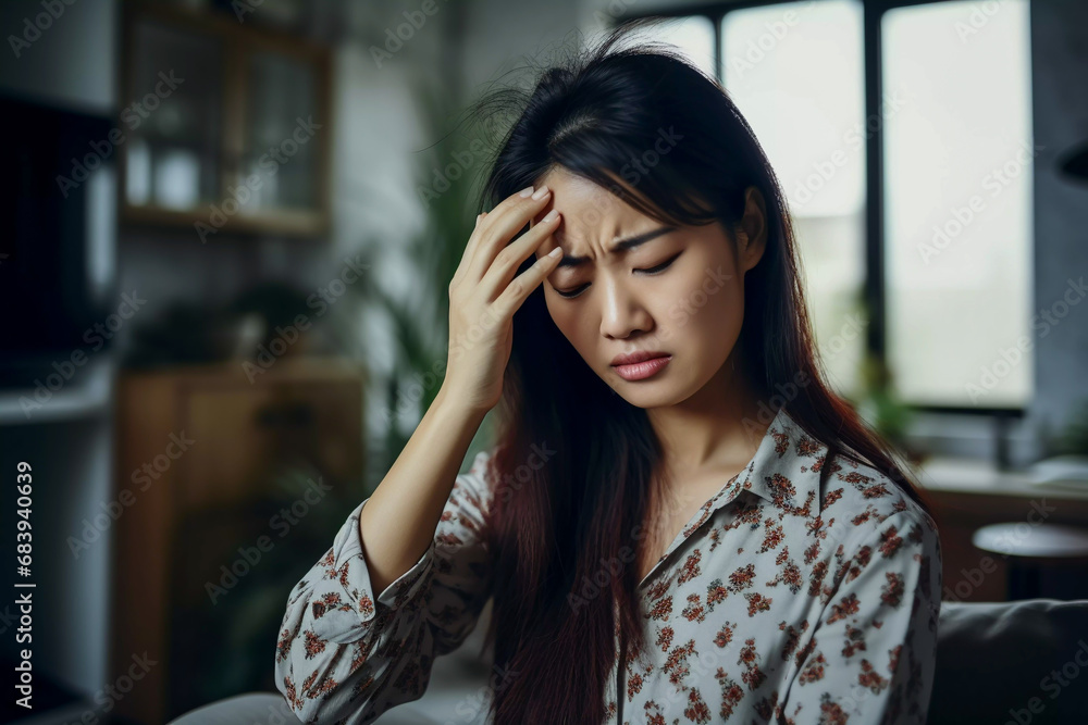 Young asian woman sitting on her sofa hand touching her head feeling stressed and depressed headache from working too hard young woman showing stress due to financial worries Young asian woman sitting on her sofa hand touching her head feeling stressed and depressed headache from working too hard young woman showing stress due to financial worries