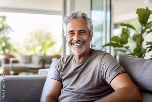 Stylish portrait of a confident mature man sitting on hir sofa smiling middle aged gent older senior man in hir 60s attractive gray haired gentleman looking at the camera