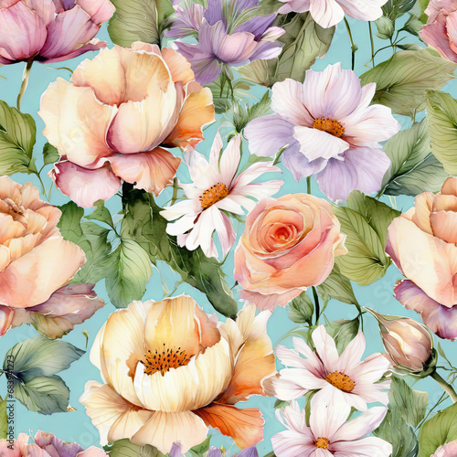 Seamless pattern with flowers. Raster illustration in watercolor style. Seamless background for textile design, packaging, wrapping, etc.