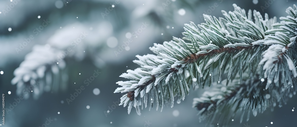 Close-up of Frozen Pine Tree Branch Covered in Snowflakes generative ai