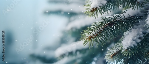 Close-up of Frozen Pine Tree Branch Covered in Snowflakes generative ai