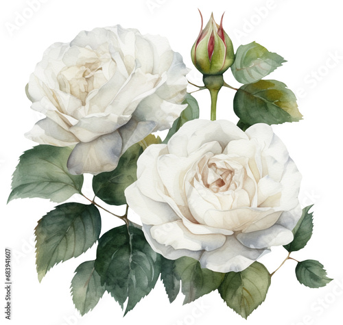 Watercolor illustration of white roses. Ai generated. Transparent background, PNG