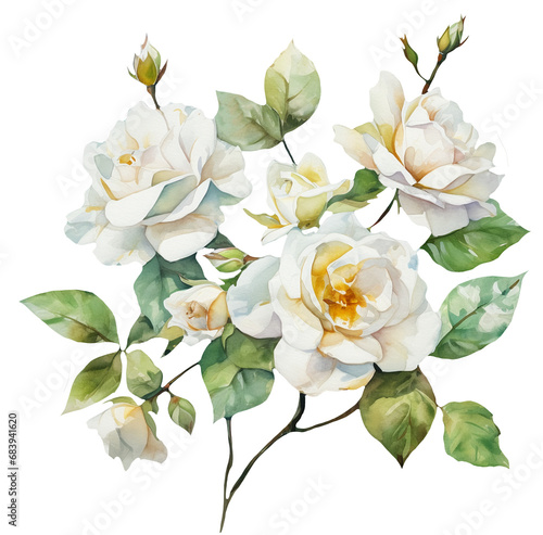 Watercolor illustration of white roses. Ai generated. Transparent background  PNG
