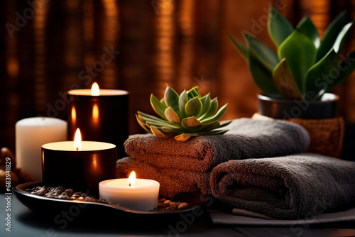 A serene spa atmosphere with softly lit candles, rolled dark towels
