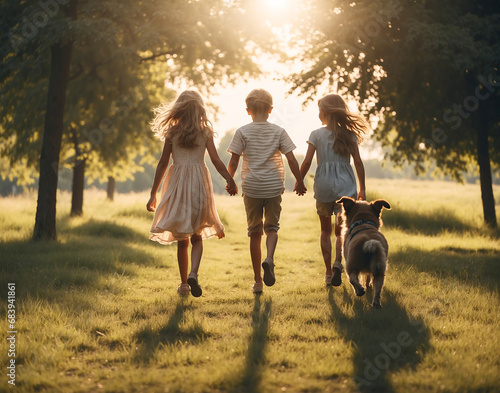 children walking in the park with their dog