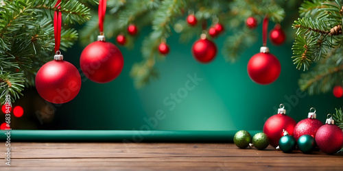 Pine Leaves and Red Christmas Ornaments on Abstract Blurred Background with Beautiful Bokeh. Green Colors Background for Text Copy Space. Super Resolution