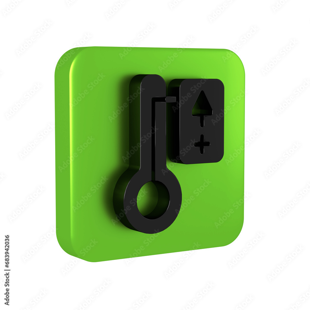Black Sauna thermometer icon isolated on transparent background. Sauna and bath equipment. Green square button.