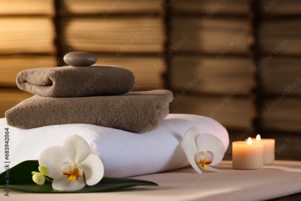 A serene spa atmosphere with softly lit candles, rolled white towels A serene spa atmosphere with softly lit candles, rolled white towels