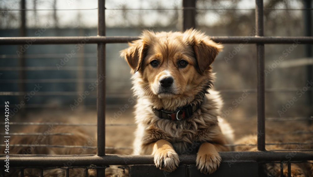Homeless puppy sits behind bars in a dog shelter and waiting for the ...