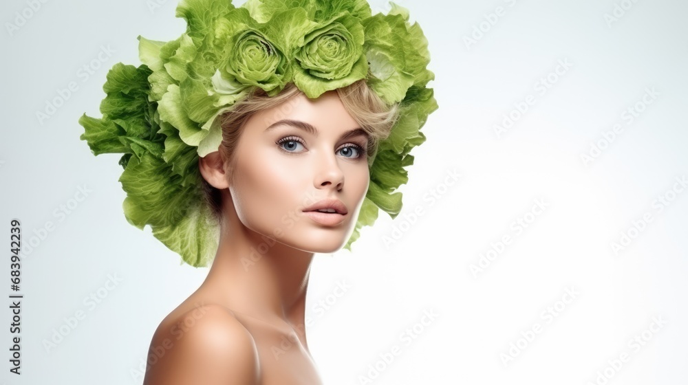 Beautiful girl with lettuce leaves. On a white background. Healthy eating Beautiful girl with lettuce leaves. On a white background. Healthy eating