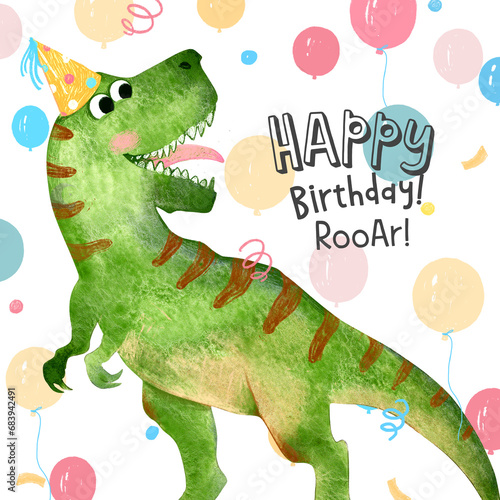 Birthday Party Invitation. Cute cartoon dinosaur in a birthday hat. Balloons in the background. T-Rex Party Card