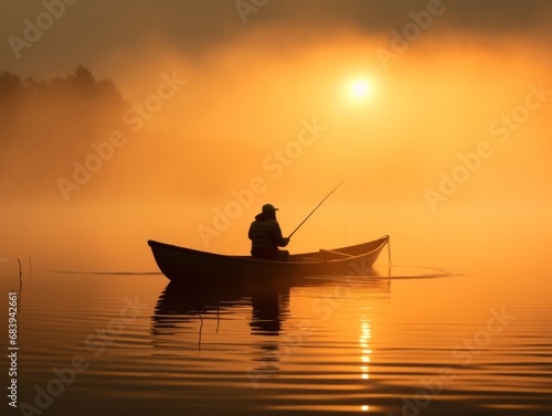 Mystical Morning: Lone Fisherman Harnessing Nature's Tranquility from a Canoe Generative AI © monsifdx