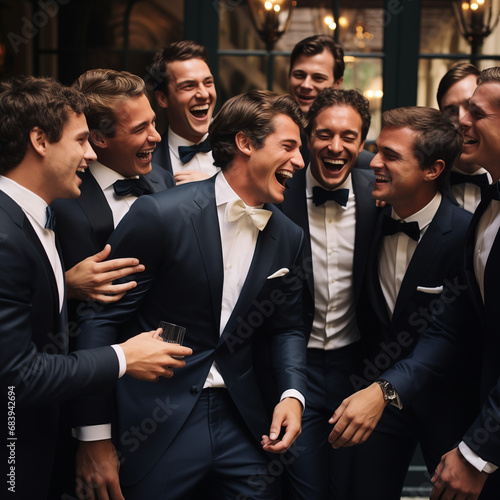 best man, groomsman and groom with their friends celebration men only photo