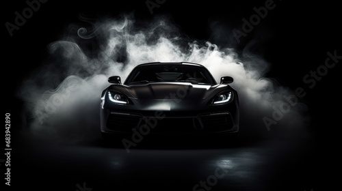 Black sports car on a black background in the center. Smoke and spotlights