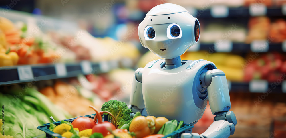 robot in supermarket, AI generated