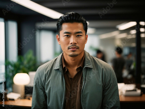 portrait handsome asiatic man entrepreneur in a very clear office. Generated by AI