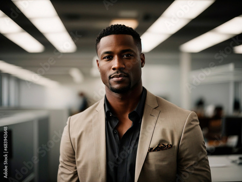 portrait handsome black man entrepreneur in a very clear office. Generated by AI