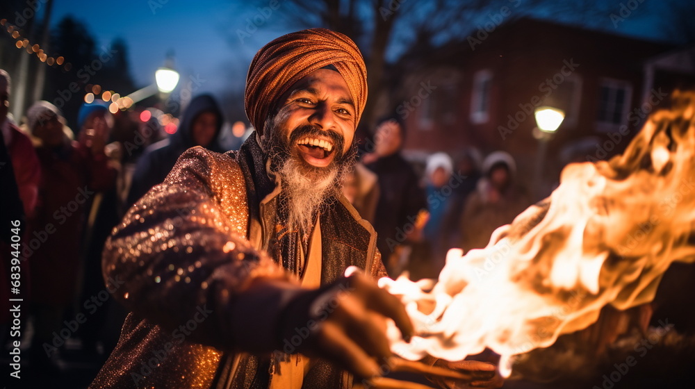 Hyper-realistic photograph of a group of Indian people celebrating Lohri. Hyper-realistic photograph of a group of Indian people celebrating Lohri.
